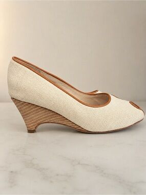 Classic Cream Wedge Pumps with Tan Trim - Leather